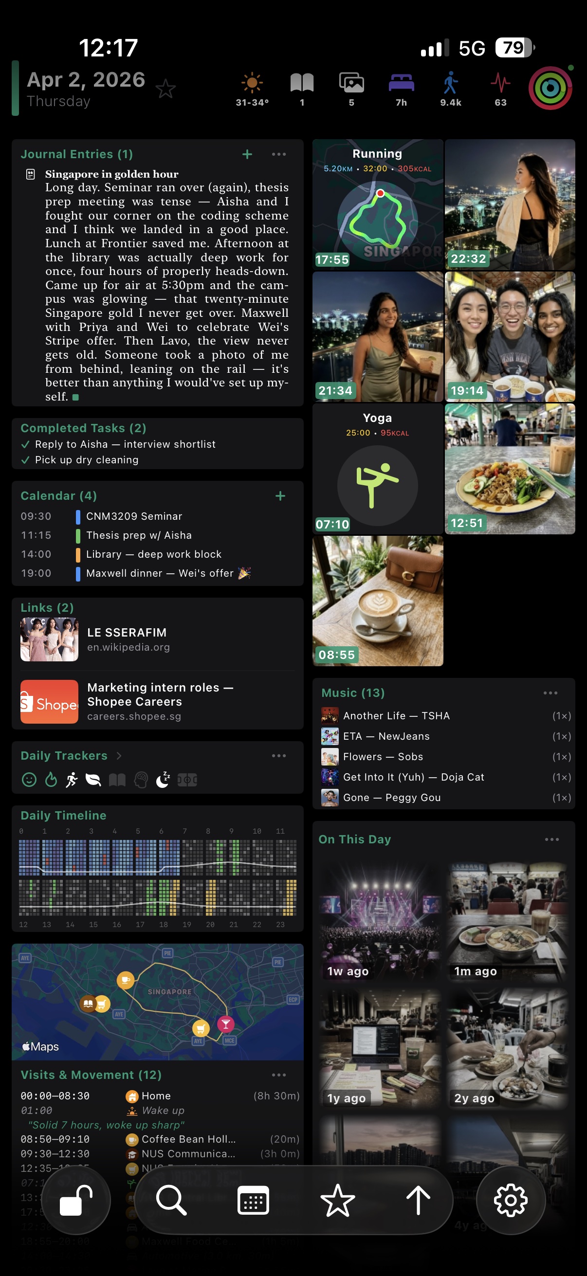 A full day in Retrography: journal entry, photos placed on the timeline, places visited, music, running route, sleep and movement